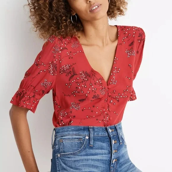 Madewell Red Floral V-Neck Top - Picture 3 of 9